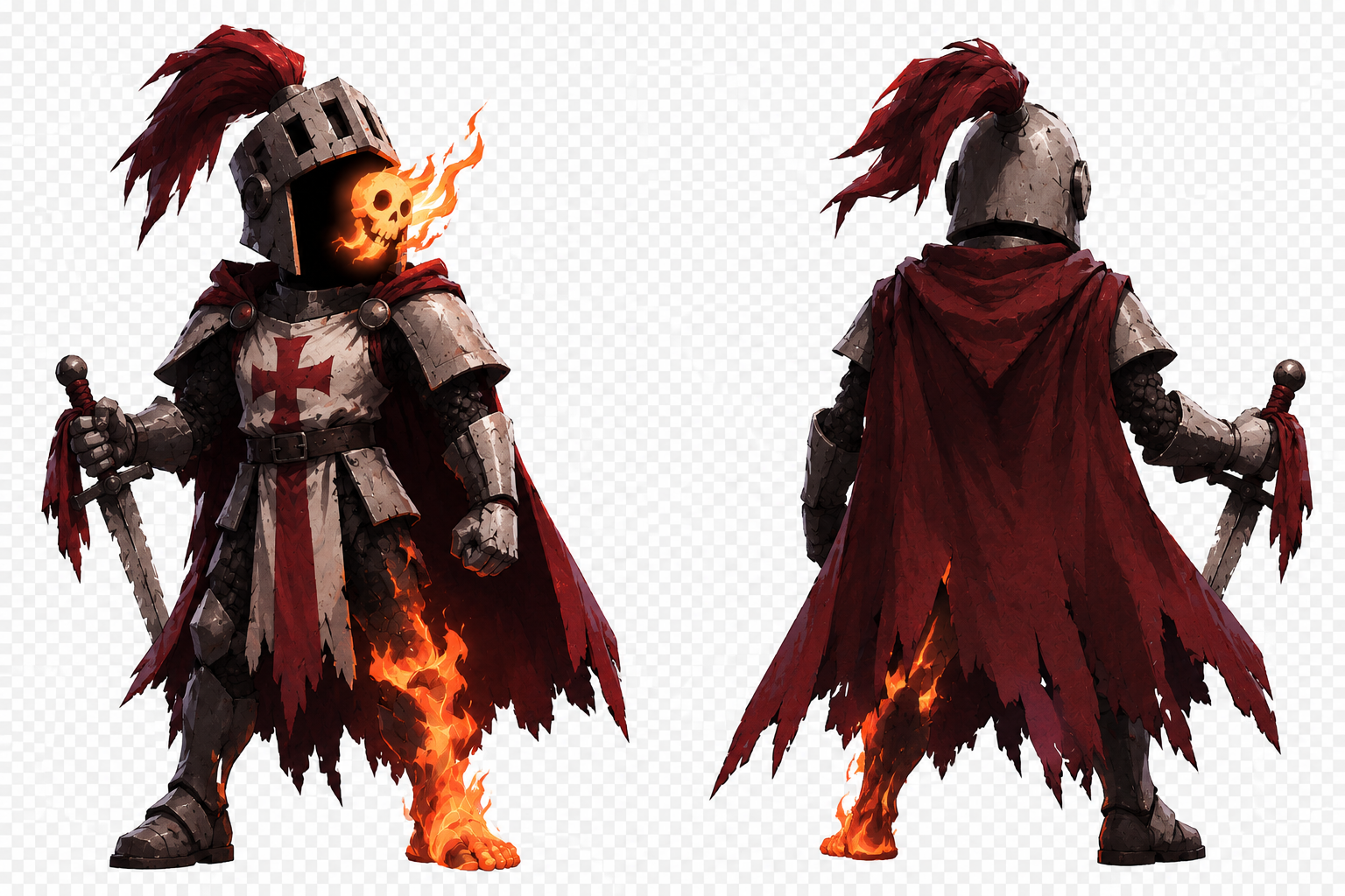 Chevalier en armure, flammes et cape rouge